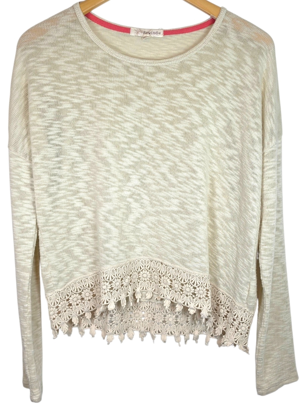 Rewind long sleeve top lace Hem trim sz L boho lightweight knit Coastal Grandma